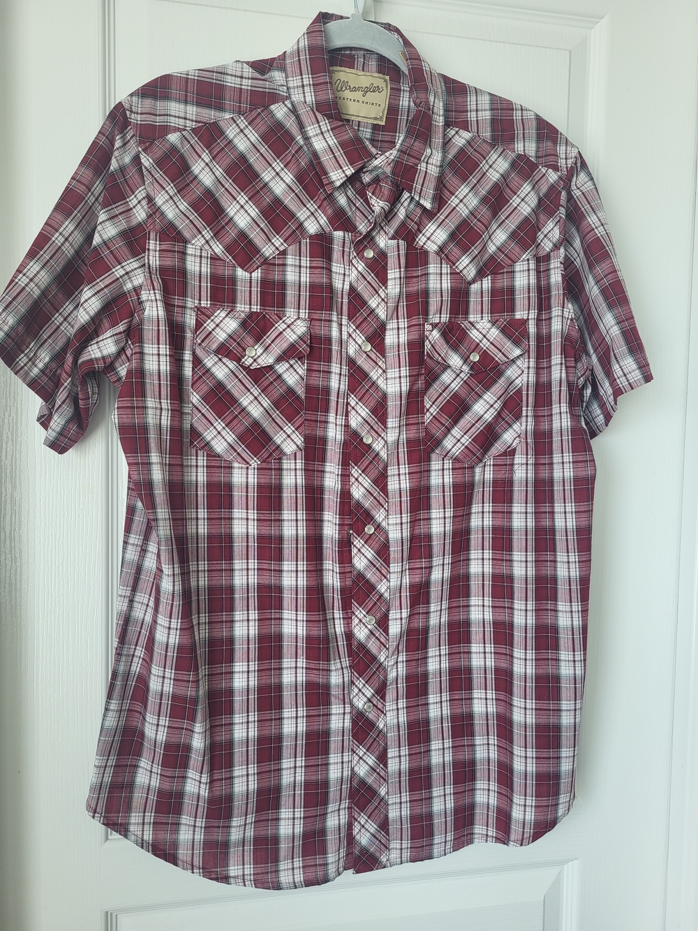 Wrangler Burgundy and White Short-Sleeve Plaid Button-Down Shirt